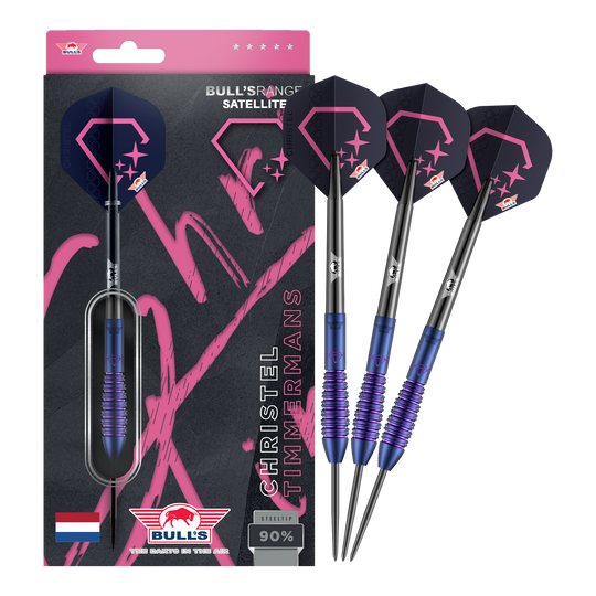 Dieses Bild zeigt die Bulls NL Christel Timmermans Satellite 90 Steeldarts 25g in voller Ansicht. Sie sind ideal für das professionelle Dartspiel geeignet.