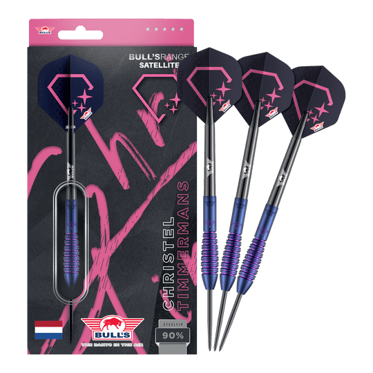 Bulls NL Christel Timmermans Satellite 90 steel darts 25g Dieses Bild zeigt die Bulls NL Christel Timmermans Satellite 90 Steeldarts 25g in voller Ansicht. Sie sind ideal für das professionelle Dartspiel geeignet.
