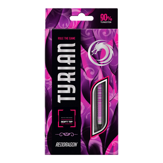 Red Dragon Tyrian Soft Darts - 22g Die Abbildung zeigt die Verpackung der "Red Dragon Tyrian Softdarts - 22g". Die Schachtel ist lila und pink gestaltet und hebt hervor, dass die Darts zu 90 % aus Wolfram bestehen.