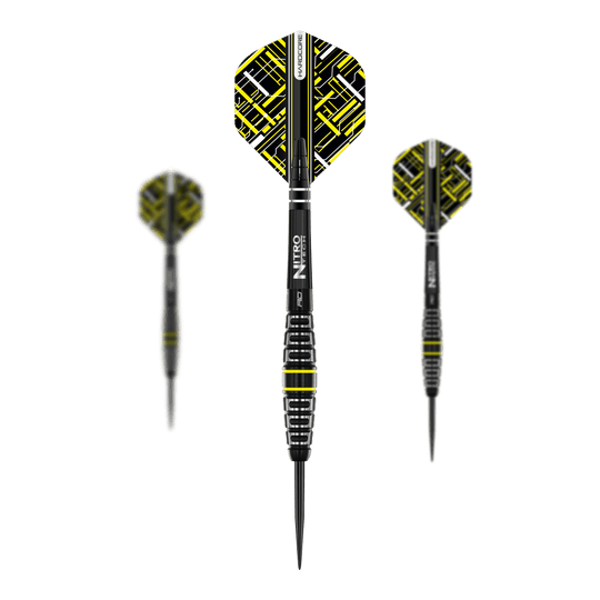 Red Dragon Astraeus Q4X Torpedo Steel Darts Das Bild zeigt drei Steeldarts des Modells "Red Dragon Astraeus Q4X Torpedo". Die Darts sind schwarz mit gelben Akzenten und haben auffällig gemusterte Flights.