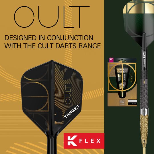 Zu sehen ist das Target K-Flex Cult No6 Flight-Shaft-System. Es bietet eine innovative Lösung für Dartflight und -schaft.