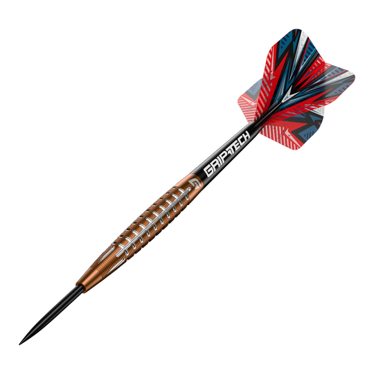 GOAT Quarterback V1 Tungsten Steel Darts Das Bild zeigt einen GOAT Quarterback V1 Tungsten Steeldart. Der Dartpfeil hat ein auffälliges Design mit einer rot-blauen Flight und einem goldenen Griff mit silbernen Rillen.