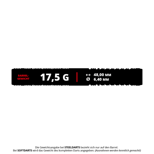 Das Bild zeigt die Produktspezifikationen der Target Japan Black Marque Reyn GEN2 Softdarts mit einem Gewicht von 17,5 Gramm. Die Barrel-Länge beträgt 48,00 mm und der Durchmesser 6,40 mm.