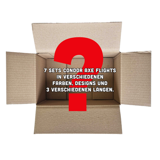 McDart Condor Mystery Box Das Bild zeigt einen offenen Karton mit einem großen roten Fragezeichen darauf. In der Mitte steht der Text: "7 Sets Condor Axe Flights in verschiedenen Farben, Designs und 3 verschiedenen Längen."