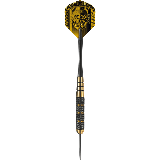 Der abgebildete Dart ist ein „Harrows Voodoo Brass Steeldart“. Er hat ein schwarzes und goldenes Design mit einem Totenkopf auf dem Flight.