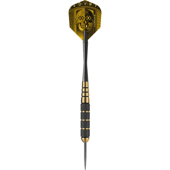 HA005116_Harrows_Voodoo_Brass_Steeldarts_1WaQjOJ4jBLiiA Der abgebildete Dart ist ein „Harrows Voodoo Brass Steeldart“. Er hat ein schwarzes und goldenes Design mit einem Totenkopf auf dem Flight.