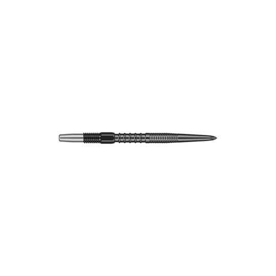 Target Swiss Firepoint Black dart tips Das Bild zeigt eine schwarze Dartspitze mit geriffeltem Griff. Sie ist schlank und weist eine Länge von etwa 26 mm auf.