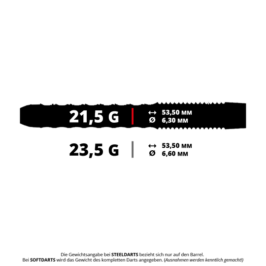 Caliburn Sword S1 steel darts Das Bild zeigt zwei Gewichtsklassen für Steeldarts: 21,5 g mit 53,50 mm Länge und 6,30 mm Durchmesser sowie 23,5 g mit 53,50 mm Länge und 6,60 mm Durchmesser. Unten steht ein Hinweis, dass sich die Gewichtsangabe bei Steeldarts nur auf das Barrel bezieht.