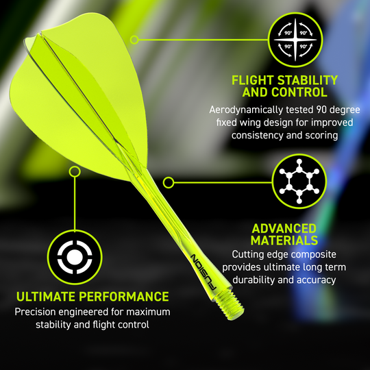 Winmau Fusion Flight Shaft System Arrow Neon Yellow Das Bild zeigt das Winmau Fusion Flight-Shaft-System Arrow Neon Yellow. Es handelt sich um einen neon-gelben Flight-Shaft für Darts.