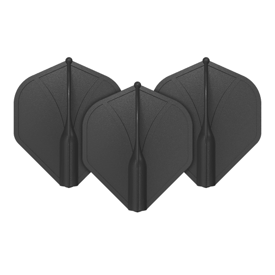 Shot Airfoil Molded No2 Standard Flights Auf dem Bild sind drei schwarze Dart-Flights zu sehen. Sie stehen aufrecht nebeneinander und haben eine standardmäßige, geformte Flügelform.