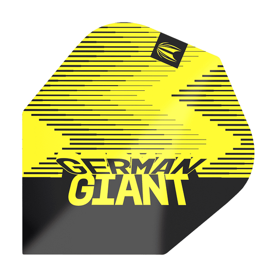 Das Bild zeigt ein gelbes Dartflight mit schwarzen Streifen und dem Text "GERMAN GIANT". In der oberen Ecke ist ein kleines Logo abgebildet.