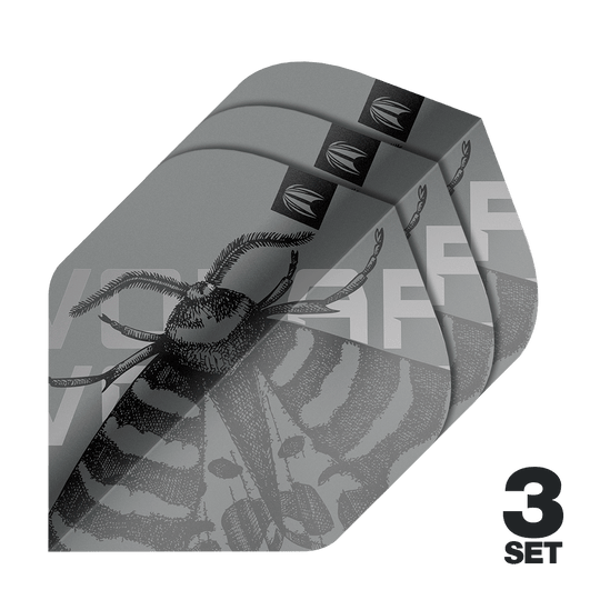 Target Pro Ultra Volar No2 Standard Flights - 3 sets Das Bild zeigt drei Sätze der Target Pro Ultra Volar No2 Standard Flights. Das Design ist grau mit einem detaillierten Insektenmotiv und der Aufschrift "3 SET".