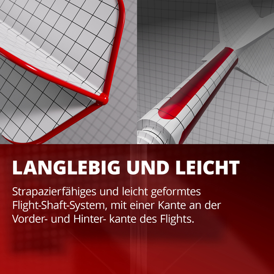 Target K-Flex Gabriel Clemens No2 Standard Flight Shaft System Das Bild zeigt ein langlebiges und leichtes Flight-Shaft-System mit rotem Rand und Gittermuster. Es betont die strapazierfähige und leichte Bauweise mit speziellen Kanten am vorderen und hinteren Bereich des Flights.