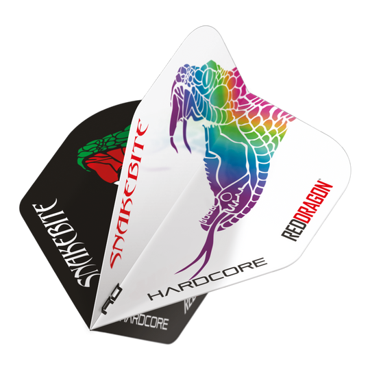 Red Dragon Peter Wright Snakebite Black White Yin Yang Standard Flights Das Bild zeigt die Red Dragon Peter Wright Snakebite Black White Yin Yang Standard Flights für Darts. Auf den Flights sind bunte Schlangenmotive und die Schriftzüge "Snakebite" und "Red Dragon" zu sehen.