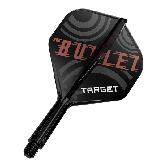 Target K-Flex Stephen Bunting No2 Standard Flight Shaft System Das Bild zeigt einen schwarzen Dartpfeil mit der Aufschrift „THE BULLET“ und „TARGET“ auf den Flügeln. Die Flügel haben ein modernes, kreisförmiges Design in Grau und Rot.
