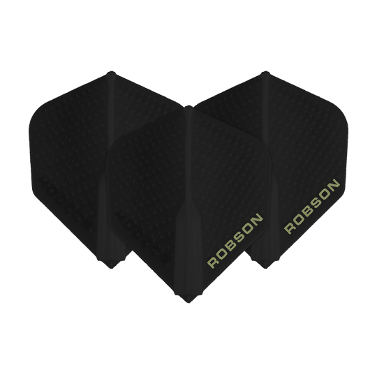 Robson Plus Dimple Flights - Black Das Bild zeigt drei schwarze Robson Plus Dimple Flights für Dartpfeile. Auf den Flights steht der Schriftzug "ROBSON" in heller Farbe.