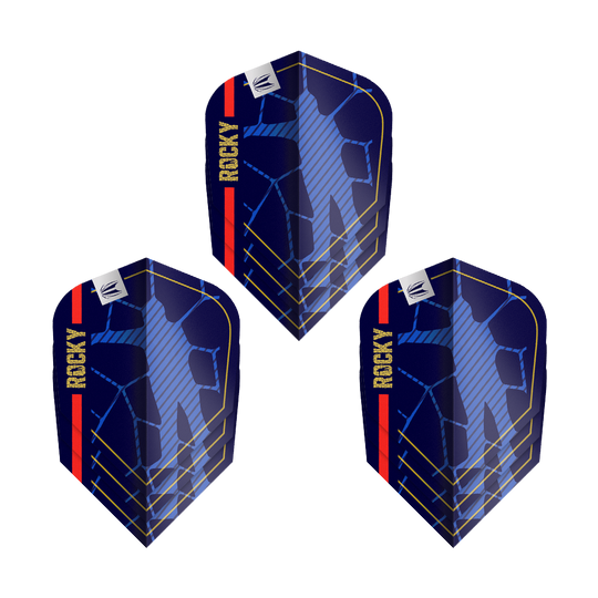 Das Bild zeigt drei Sets der "Target Pro Ultra Josh Rock GEN1 Ten-X Flights". Die Flights sind dunkelblau mit gelben und roten Akzenten und dem Schriftzug "ROCKY".