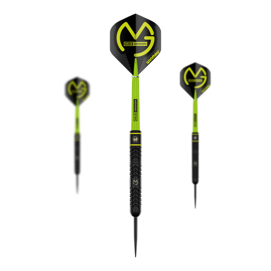 Winmau Michael Van Gerwen steel darts - 21 g Das Bild zeigt ein Set der Winmau Michael Van Gerwen Steeldarts mit 21 g. Das Set besteht aus mehreren hochwertigen Dartpfeilen.