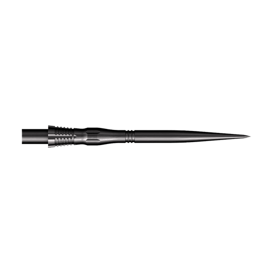 Shot Cone Scallop Steel Dart Tips - Black - 35mm Das Bild zeigt eine schwarze Steeldart-Spitze mit dem Namen "Shot Cone Scallop". Die Spitze ist 35 mm lang und hat eine schlanke, gezackte Form.