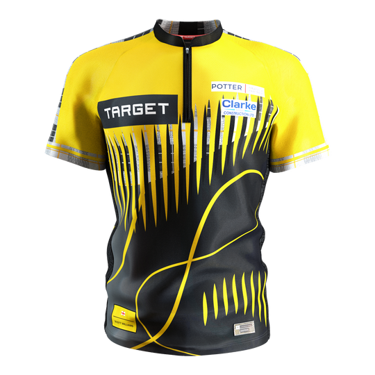 Das Bild zeigt ein Dartshirt in den Farben Gelb und Schwarz mit auffälligem modernem Muster. Auf dem Shirt sind mehrere Sponsorenlogos, darunter "TARGET", zu sehen.