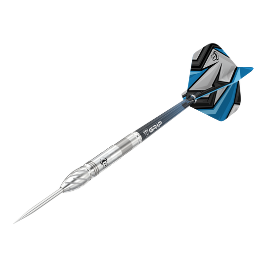 Bulls Stone S1 Steeldarts Das Bild zeigt einen Bulls Stone S1 Steeldart. Der Dartpfeil hat eine silberne Spitze und einen Schaft mit blauen und schwarzen Akzenten am Flight.