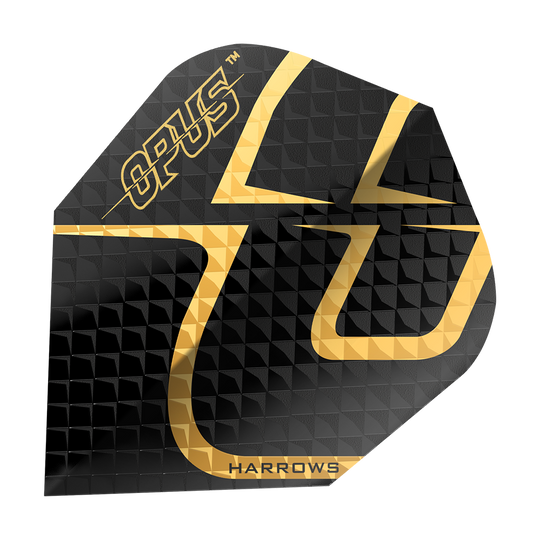 Harrow's Opus Version 2 Flights Das Bild zeigt das Produkt "Harrows Opus Version 2 Flights". Die Darts-Flight ist schwarz mit einem goldenen Muster und dem Schriftzug "OPUS" und "HARROWS".