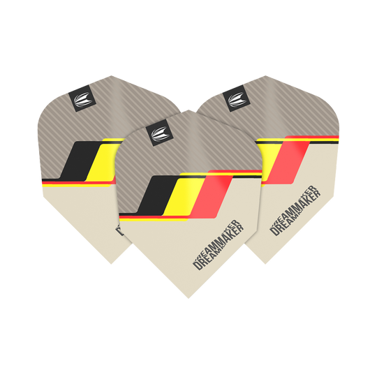 TG78_336510_Target_Pro_Ultra_Dimitri_Van_Den_Bergh_2022_Ten-X_Flights_1D0Y7Ur05qMC7H Das Bild zeigt drei Dart-Flights mit dem Namen "Target Pro Ultra Dimitri Van Den Bergh TenX Flights". Sie sind in Beige, Grau, Schwarz, Gelb und Rot gestaltet und tragen den Schriftzug "DREAMMAKER".