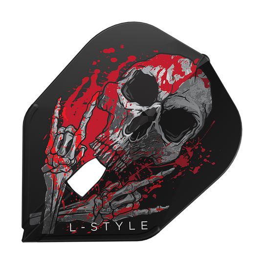 L-Style Ryan Searle V3 L3PRO Black Flights Das Bild zeigt das Produkt "L-Style Ryan Searle V3 L3PRO Black Flights". Auf dem Flight ist ein Totenkopf mit roten Farbklecksen und skelettierten Händen abgebildet.