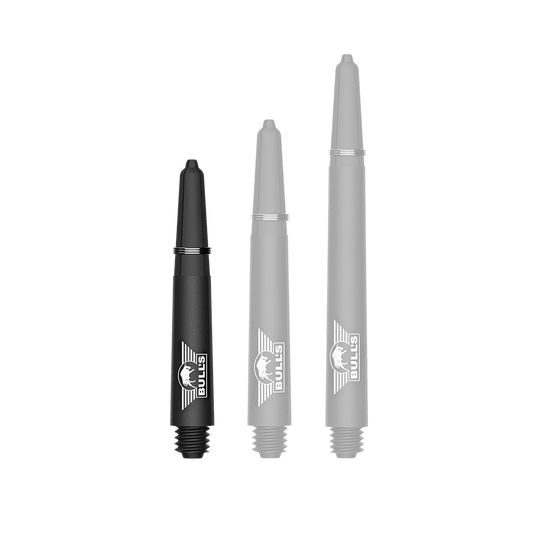 Bulls NL Capo Carbon Shafts - Black Ein Bild mit dem Dateinamen BU55340_BullsNL_Capo_Carbon_Shafts_Schwarz_Short_34mm_1. Zu sehen ist wahrscheinlich ein kurzer schwarzer Carbon-Shaft für Darts.