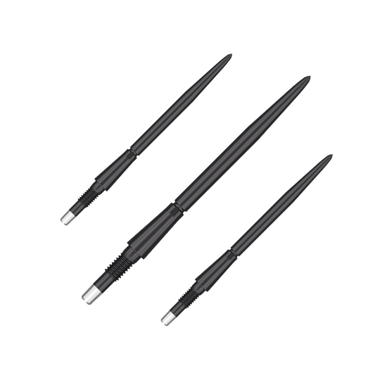 Target Swiss Storm Point Dart Tips - Black Auf dem Bild sind drei schwarze Dartspitzen zu sehen. Sie sind lang, schmal und haben ein glänzendes, metallisches Ende.