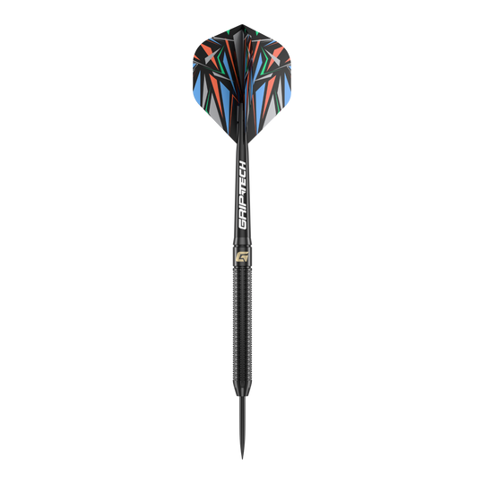 GOAT Athlete Black Brass Steeldarts - 13g Das Bild zeigt einen GOAT Athlete Black Brass Steeldart mit einem Gewicht von 13g. Der Dart hat eine schwarze, gerändelte Spitze und bunte Flights mit geometrischem Muster.