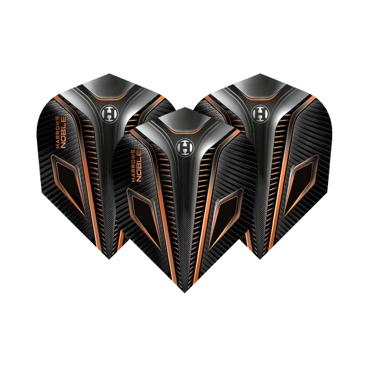 Das Bild zeigt drei Harrows Noble Rich Gold Standard Flights. Die Flights sind schwarz mit goldenen und orangefarbenen Akzenten gestaltet.