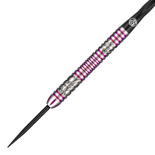 Shot Pro Series Barbora Hospodarska 2 Steeldarts - 23g Das Bild zeigt einen Steeldart aus der Shot Pro Series Barora Hospodarska mit einem Gewicht von 23g. Der Dart ist silberfarben mit lila Akzenten und besitzt ein auffälliges, strukturiertes Design.