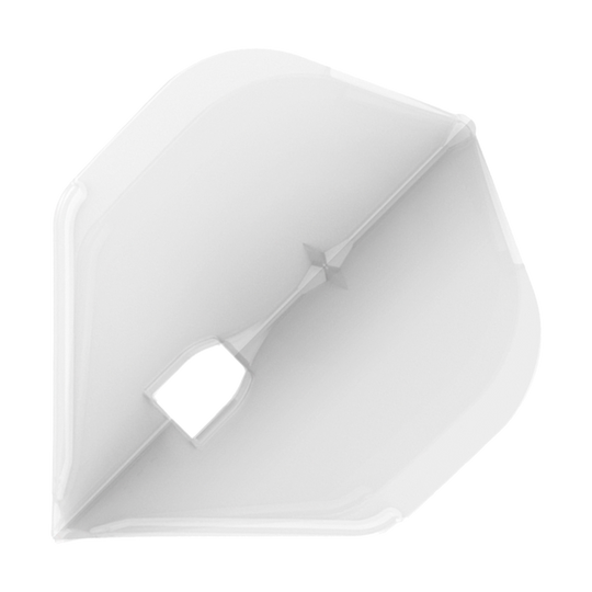 Das Bild zeigt ein transparentes Dartflight in L-Form. Es hat eine strukturierte Oberfläche mit einem Loch in der Mitte.