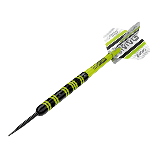 Winmau Michael Van Gerwen 85 Pro-Series steel darts Das Bild zeigt einen Winmau Michael Van Gerwen 85 Pro-Series Steeldart. Der Dart hat ein auffälliges Design mit schwarzen und leuchtend grünen Akzenten sowie einem MVG-Logo auf den Flights.