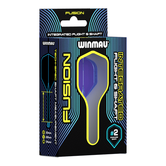 Winmau Fusion Flight Shaft System Standard Blue Auf dem Bild ist eine Verpackung des Winmau Fusion Integrated Flight & Shaft Systems zu sehen. Die abgebildete Variante ist blau und hat eine Länge von 22 mm (#2 Standardform).