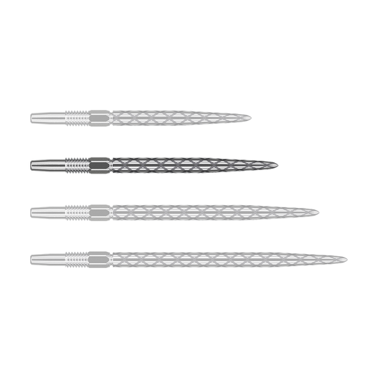 Target Swiss Diamond Pro Silver Points dart tips Auf dem Bild sind vier silberne Dartspitzen in einer Reihe zu sehen. Sie haben ein markantes Rautenmuster auf der Oberfläche.