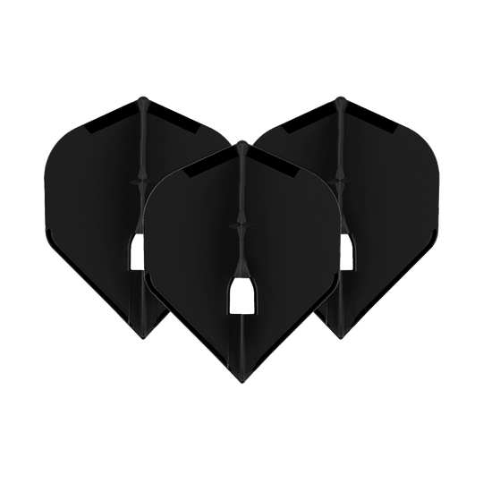 L-Style Champagne L1PRO Flights Auf dem Bild sind drei schwarze Dartflights zu sehen, die nebeneinander stehen. Sie haben eine klassische, breite Form und sind einheitlich gestaltet.