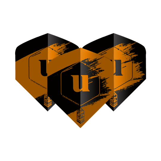 Unicorn Ultrafly 100 Team Unicorn Big Wing Flights - Orange Auf dem Bild sind drei Dartflights der Marke "Unicorn Ultrafly 100 Team Unicorn Big Wing" in Orange und Schwarz zu sehen. Die Flights haben ein auffälliges Design mit einem großen "u" in der Mitte.