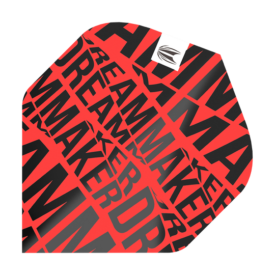 TG82_336580_Target_Pro_Ultra_Dimitri_Van_Den_Bergh_Red_No2_Standard_Flights_1 Dies ist ein Dart-Flight in leuchtendem Rot mit schwarzer Aufschrift. Auf dem Flight steht mehrfach das Wort "DREAMMAKER" in verschiedenen Größen.