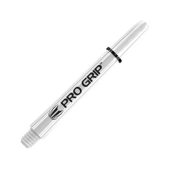 Target Pro Grip Shafts - 3 Sets - White Dies ist ein weißer Pro Grip Dart-Schaft mit schwarzer Beschriftung. Er hat ein schlankes Design und ist mit einem Pro Grip Logo versehen.