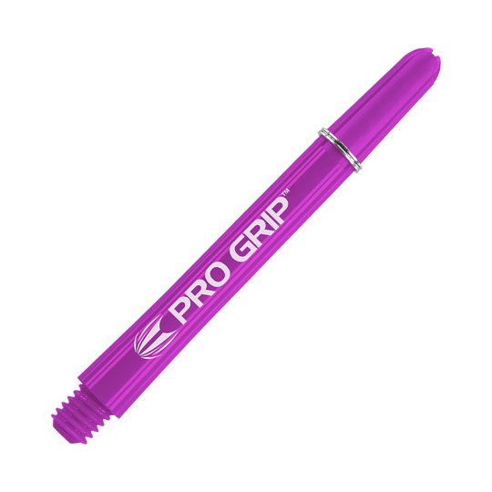 Target Pro Grip Shafts - 3 Sets - Purple Das Bild zeigt einen lilafarbenen Dart-Schaft mit der Aufschrift "Pro Grip". Der Schaft ist 48 mm lang und hat ein glänzendes, glattes Design.
