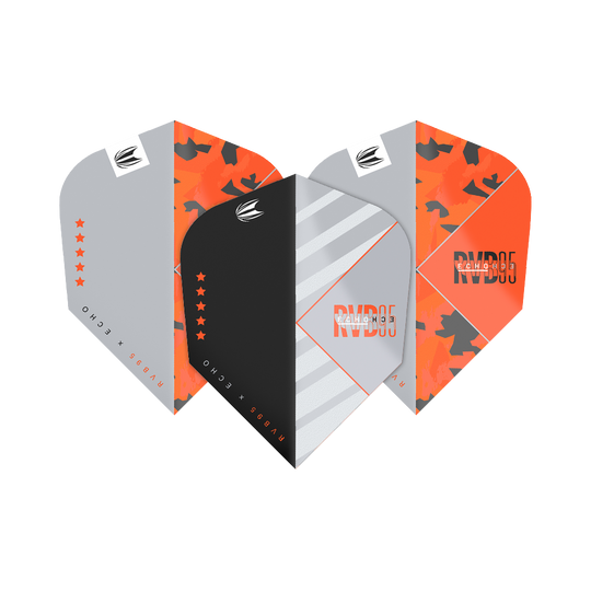 Das Bild zeigt drei Dartflights des Produkts "Target Pro Ultra RvB95 X Echo Ten-X Flights" in verschiedenen Designs. Die Flights sind in den Farben Schwarz, Grau und Orange gestaltet und tragen jeweils das RvB95-Logo.