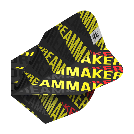 Das Bild zeigt die Dart-Flights "Target Pro Ultri Dimitri Van Den Bergh 80 No6". Die Flights sind schwarz mit gelbem und rotem Schriftzug "DREAMMAKER" bedruckt.