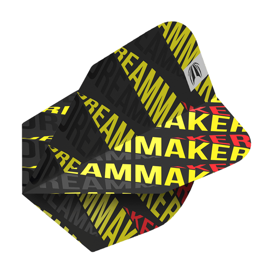 TG79_336530_Target_Pro_Ultra_Dimitri_Van_Den_Bergh_80_No6_Flights_2V8LgbDjaidFKO Das Bild zeigt die Dart-Flights "Target Pro Ultri Dimitri Van Den Bergh 80 No6". Die Flights sind schwarz mit gelbem und rotem Schriftzug "DREAMMAKER" bedruckt.