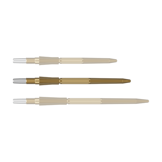 Abgebildet ist eine einzelne goldene Dartspitze. Die Dartspitze gehört zur Serie Target Elysian Archetype 43 SwissPoint, 35 mm.