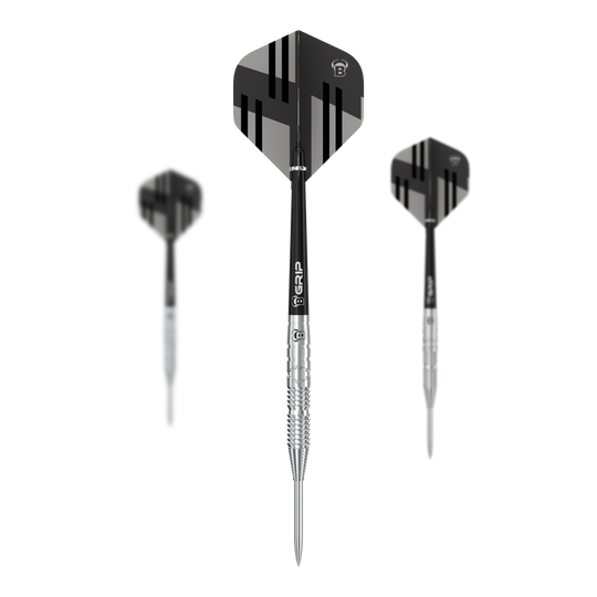 Bulls Tac T3 Steeldarts Das Bild zeigt drei Bulls Tac T3 Steeldarts mit silbernen Spitzen und schwarzen Flights. Die Flights haben ein modernes, geometrisches Design in Schwarz und Grau.
