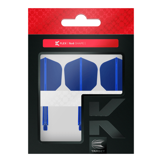 Target K-Flex No6 Flight System - Blue Das Bild zeigt eine Verpackung mit drei blauen Dartflights und Schäften der Marke Target. Die Verpackung ist überwiegend schwarz mit einem roten oberen Bereich und Sichtfenster.