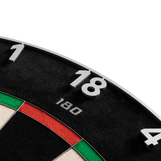 Precise 180 Endorphine Steel Dartboard with Numbered Ring - Gunmetal Das Precise 180 Endorphine Steeldartboard mit Nummernring in Gunmetal wird dargestellt. Es handelt sich um ein langlebiges und präzises Dartboard für verschiedene Spiellevel.
