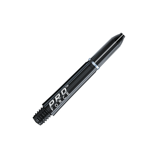 7011_101_Winmau_Pro-Force_Shafts_Schwarz_35mm_2 Das Bild zeigt einen schwarzen Winmau Pro-Force Shaft für Darts. Auf dem Produkt steht der Schriftzug "PRO FORCE" in weißen Buchstaben.